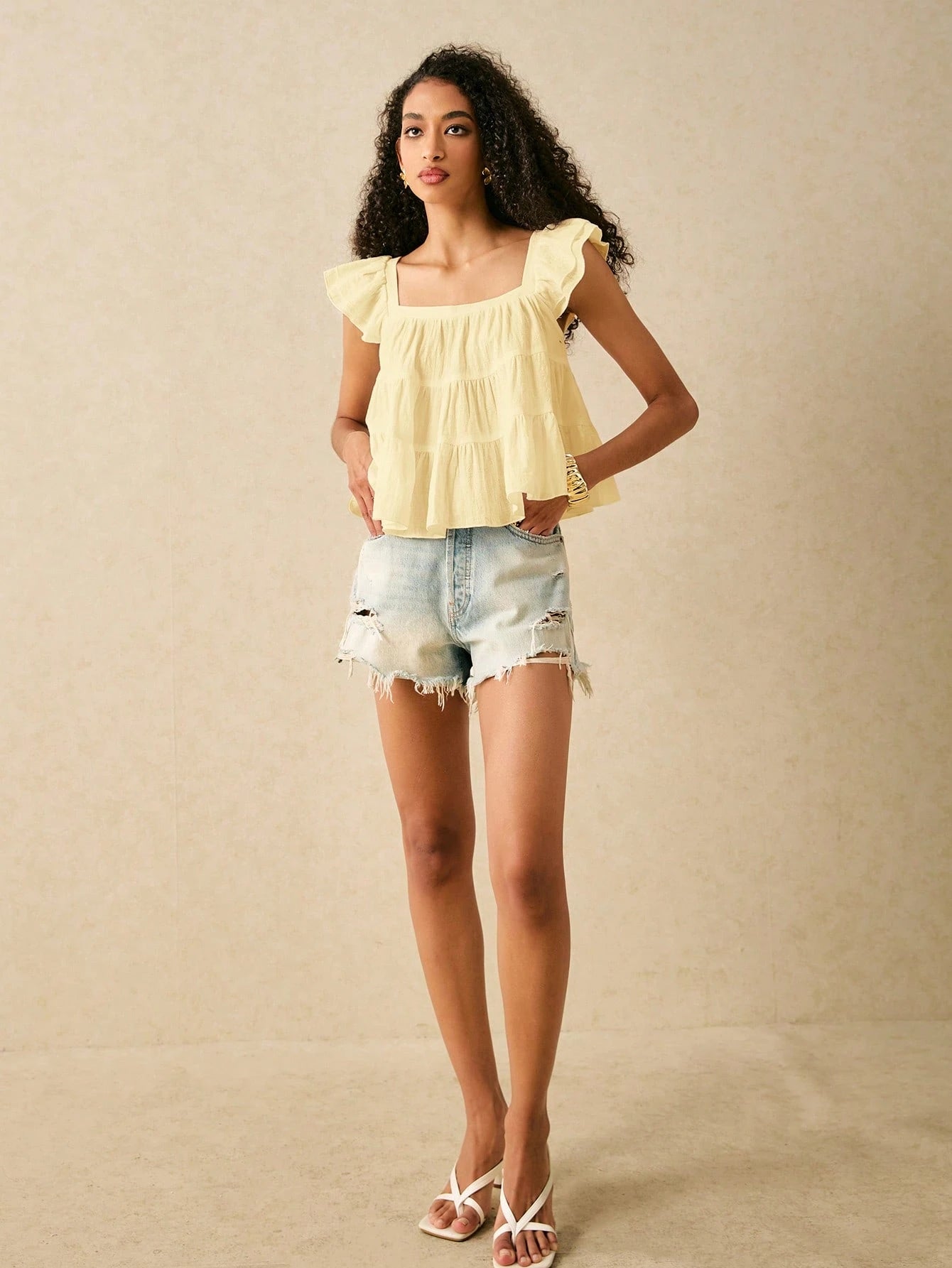 Frenchy Women's Solid Color Square Collar Ruffle Sleeve Loose Cute Blouse,Summer Top Elegant