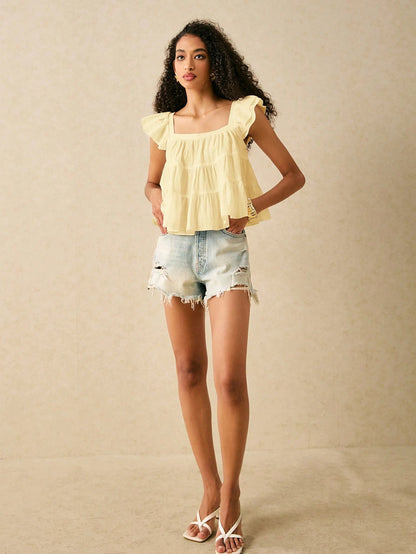 Frenchy Women's Solid Color Square Collar Ruffle Sleeve Loose Cute Blouse,Summer Top Elegant