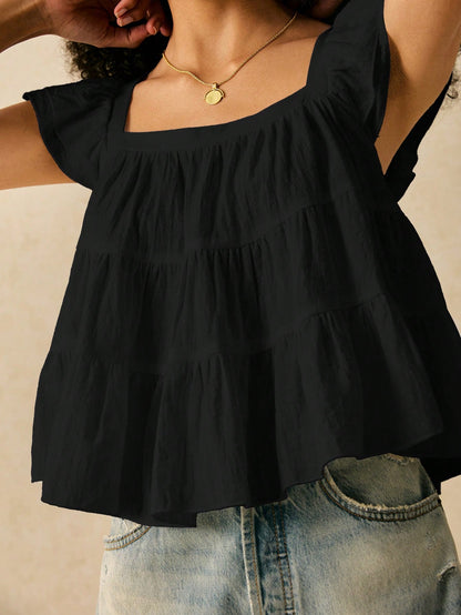 Frenchy Women's Solid Color Square Collar Ruffle Sleeve Loose Cute Blouse,Summer Top Elegant