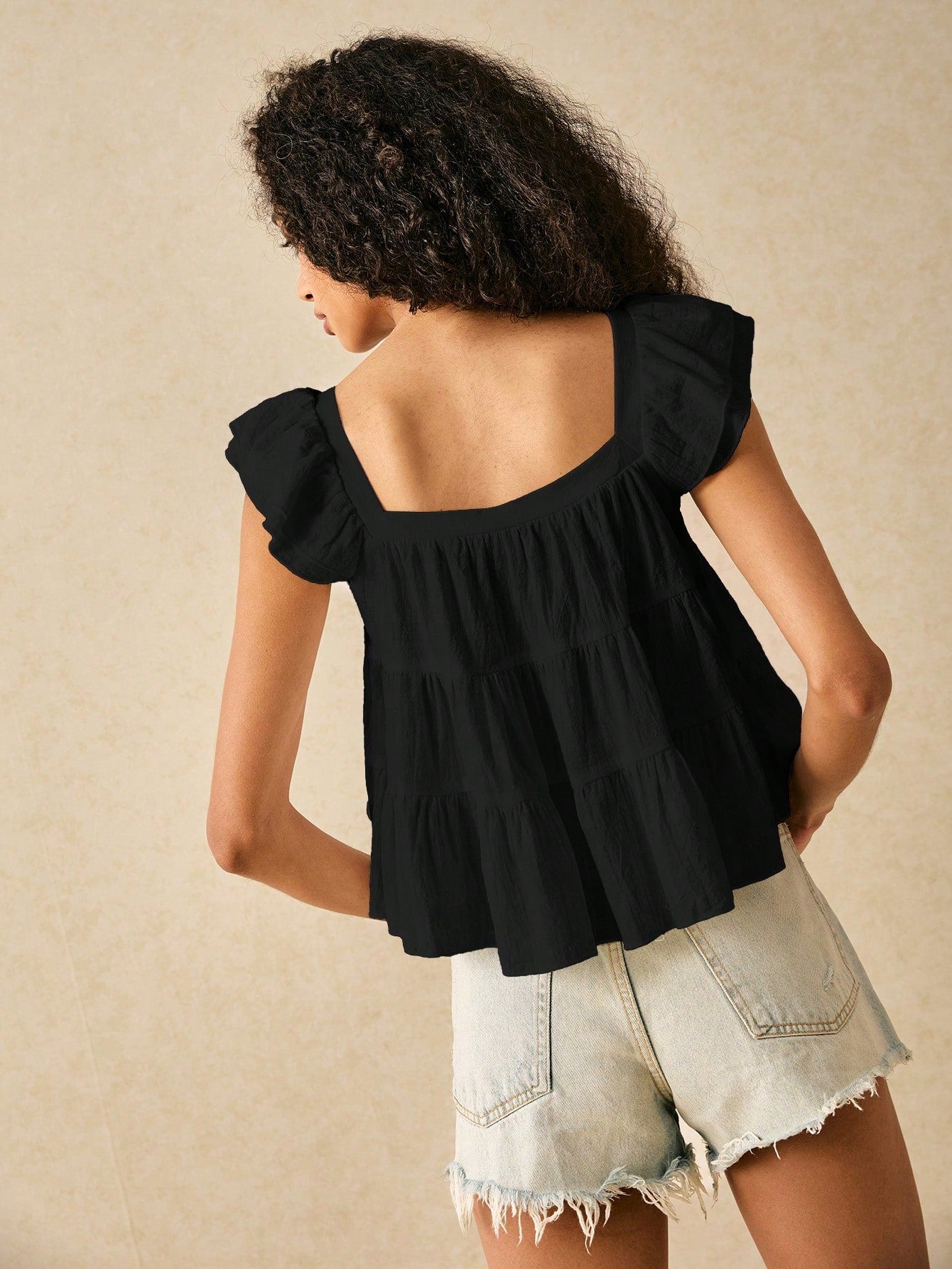 Frenchy Women's Solid Color Square Collar Ruffle Sleeve Loose Cute Blouse,Summer Top Elegant