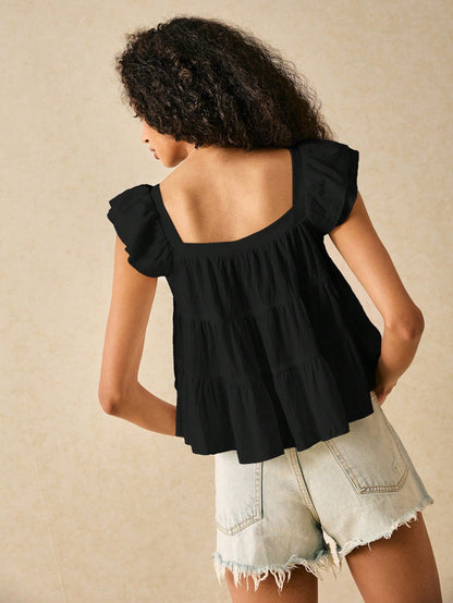 Frenchy Women's Solid Color Square Collar Ruffle Sleeve Loose Cute Blouse,Summer Top Elegant