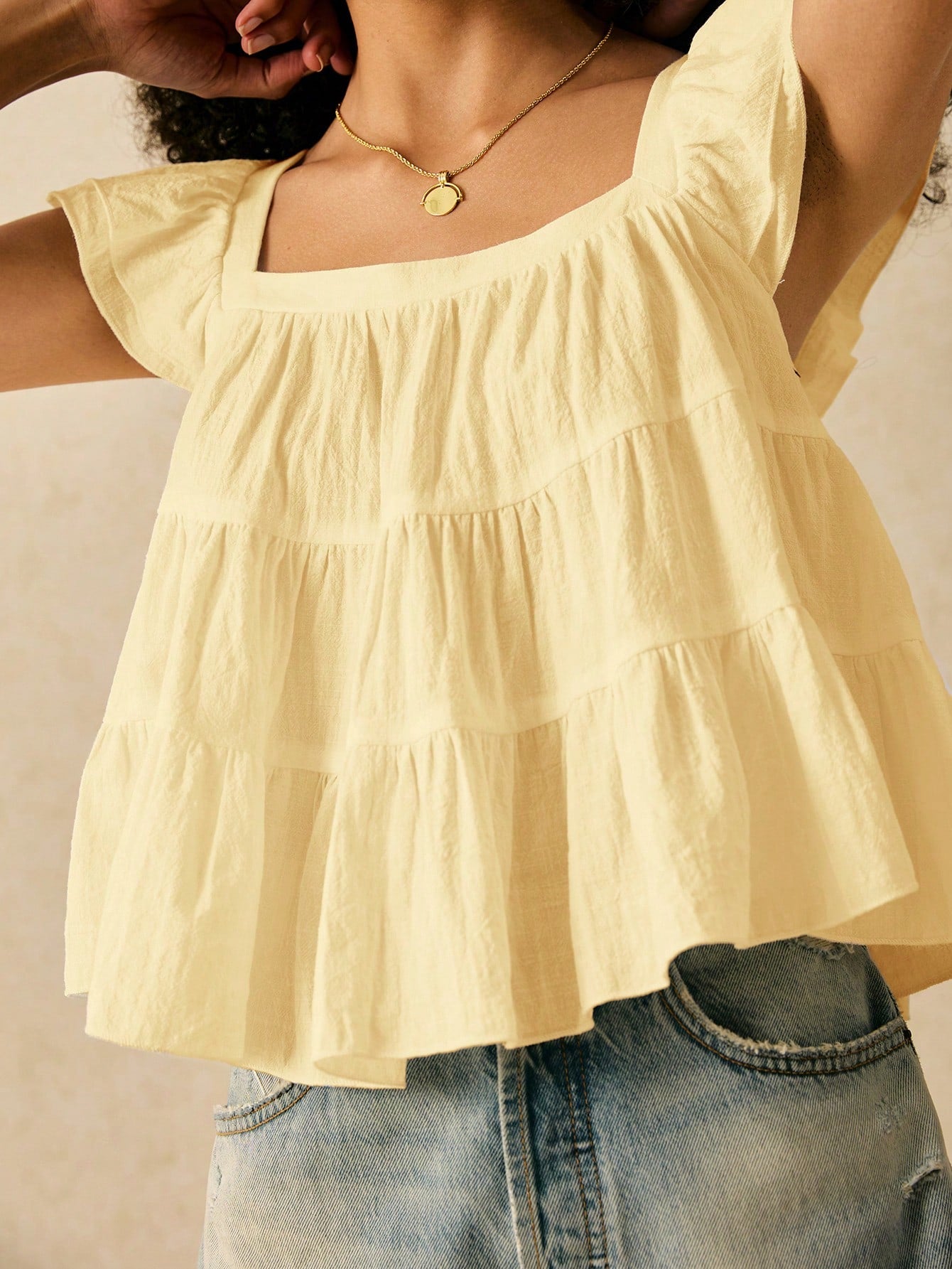 Frenchy Women's Solid Color Square Collar Ruffle Sleeve Loose Cute Blouse,Summer Top Elegant