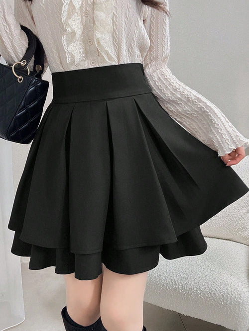 FRIFUL Women's Black Solid Color High Waist Pleated Short Casual Versatile Slimming Skirt Autumn/Winter School