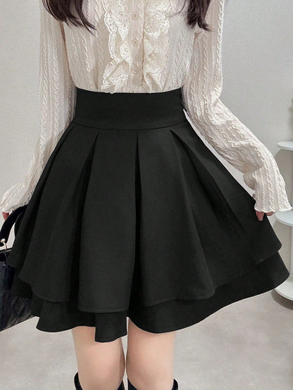 FRIFUL Women's Black Solid Color High Waist Pleated Short Casual Versatile Slimming Skirt Autumn/Winter School