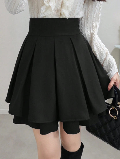 FRIFUL Women's Black Solid Color High Waist Pleated Short Casual Versatile Slimming Skirt Autumn/Winter School