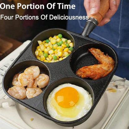Frying Pan, 4-Cup Cast Iron Egg Frying Pan, With A Wooden Handle Divided Grill Pan, Suitable For Frying Eggs, Steaks, And Burgers For Breakfast (Black)