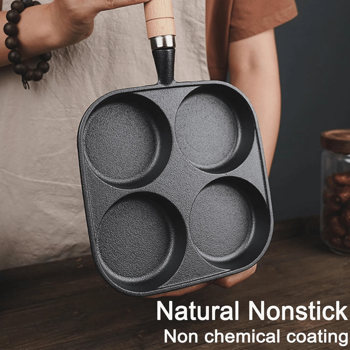 Frying Pan, 4-Cup Cast Iron Egg Frying Pan, With A Wooden Handle Divided Grill Pan, Suitable For Frying Eggs, Steaks, And Burgers For Breakfast (Black)