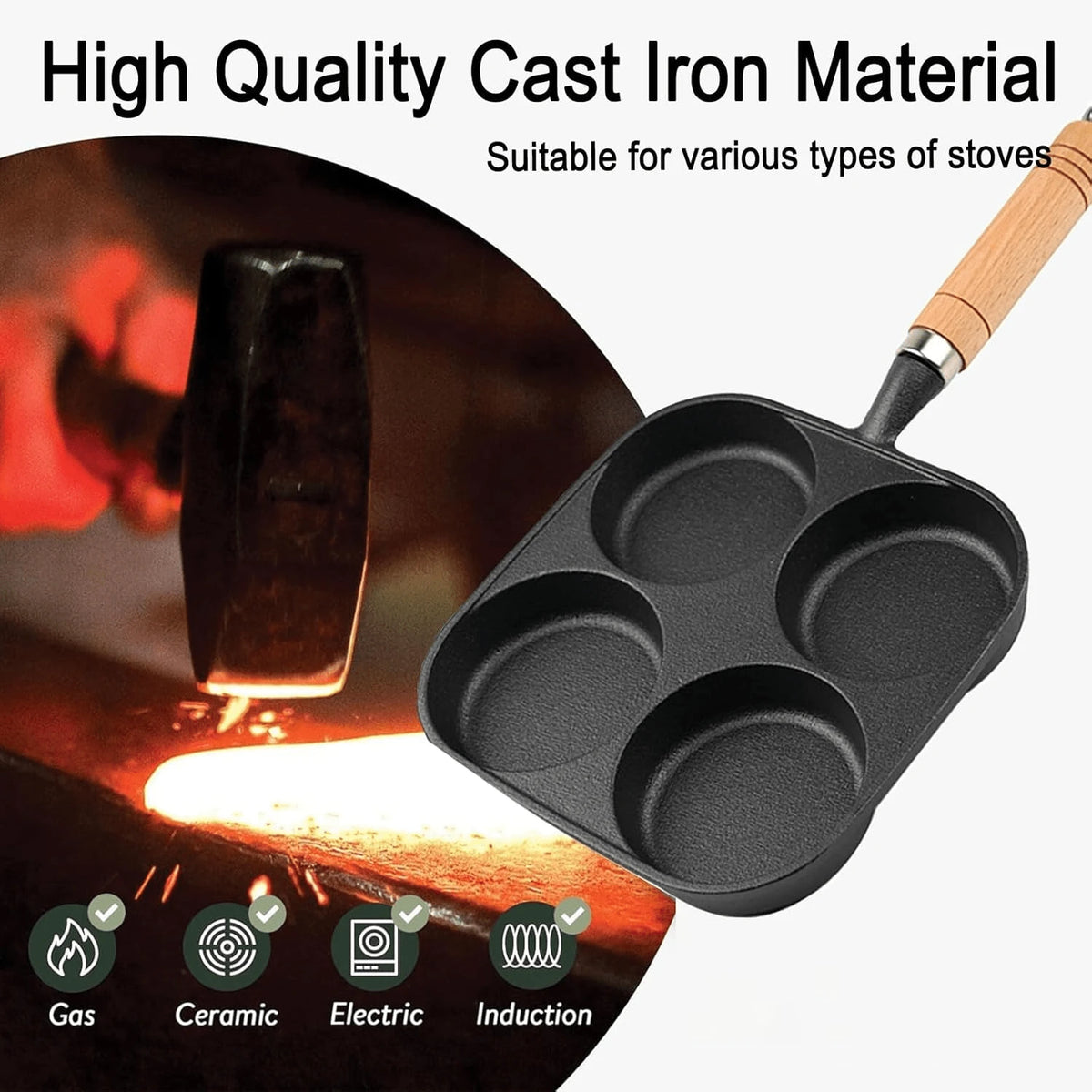 Frying Pan, 4-Cup Cast Iron Egg Frying Pan, With A Wooden Handle Divided Grill Pan, Suitable For Frying Eggs, Steaks, And Burgers For Breakfast (Black)