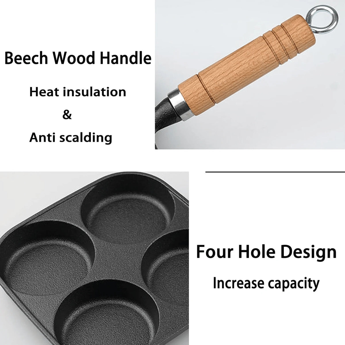 Frying Pan, 4-Cup Cast Iron Egg Frying Pan, With A Wooden Handle Divided Grill Pan, Suitable For Frying Eggs, Steaks, And Burgers For Breakfast (Black)