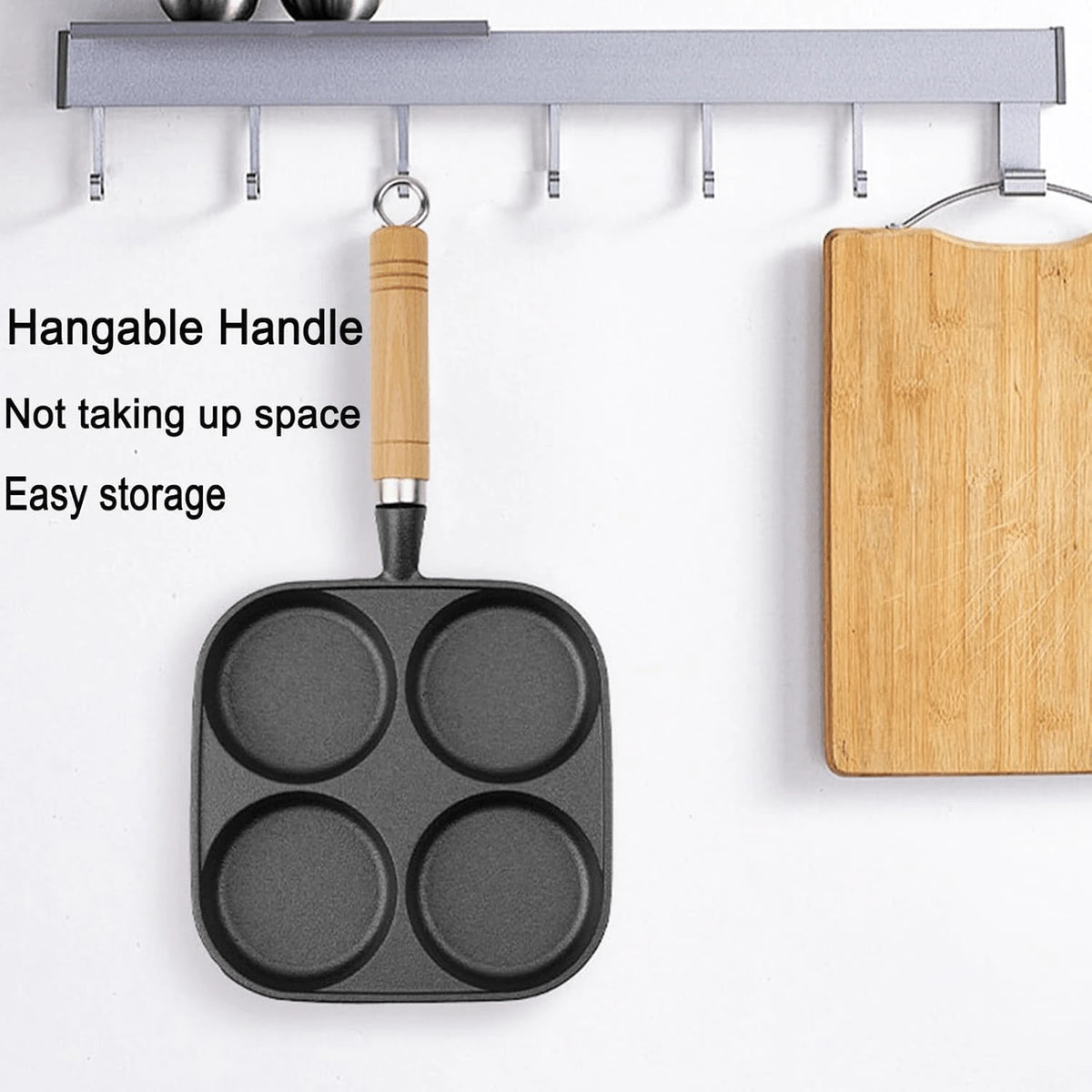 Frying Pan, 4-Cup Cast Iron Egg Frying Pan, With A Wooden Handle Divided Grill Pan, Suitable For Frying Eggs, Steaks, And Burgers For Breakfast (Black)
