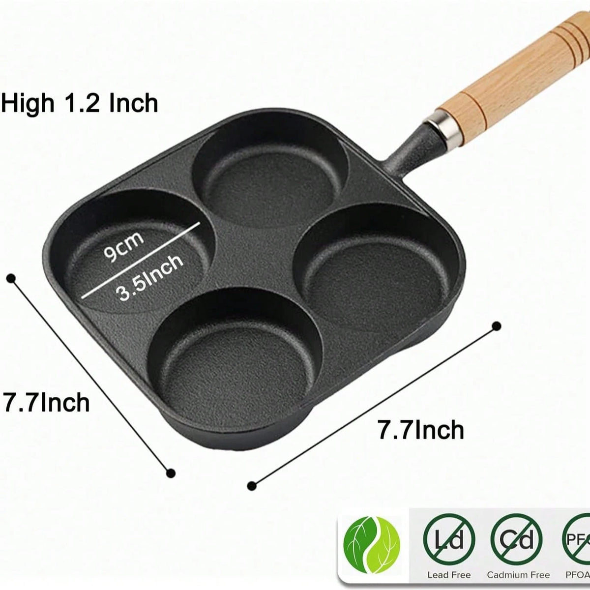 Frying Pan, 4-Cup Cast Iron Egg Frying Pan, With A Wooden Handle Divided Grill Pan, Suitable For Frying Eggs, Steaks, And Burgers For Breakfast (Black)