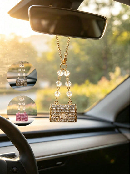 Full Rhinestone Mini Small Bag Car Rearview Mirror Pendant, Transparent Crystal Chain Luxury Sparkling Rhinestone Women's Car Interior Decoration Charm