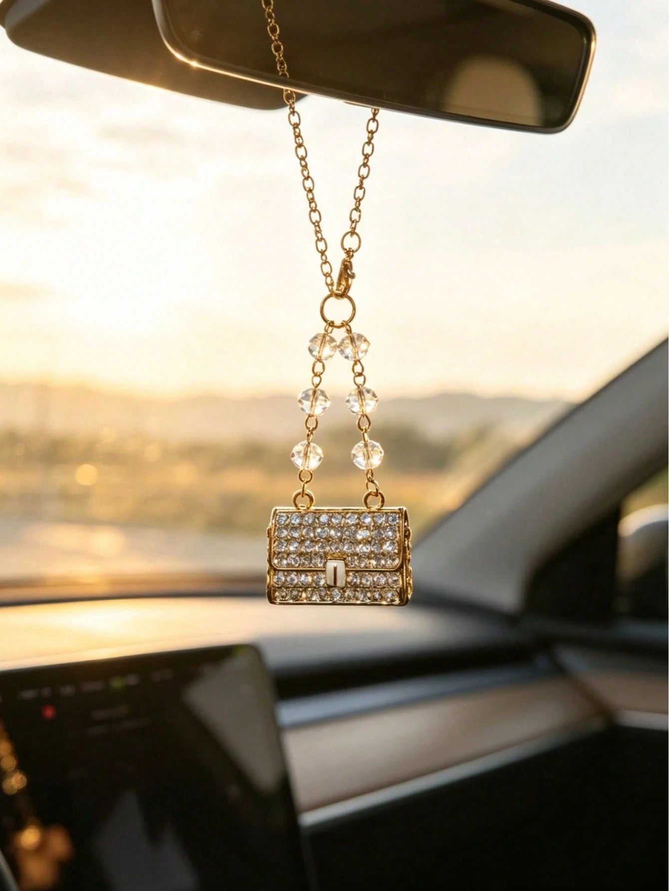 Full Rhinestone Mini Small Bag Car Rearview Mirror Pendant, Transparent Crystal Chain Luxury Sparkling Rhinestone Women's Car Interior Decoration Charm