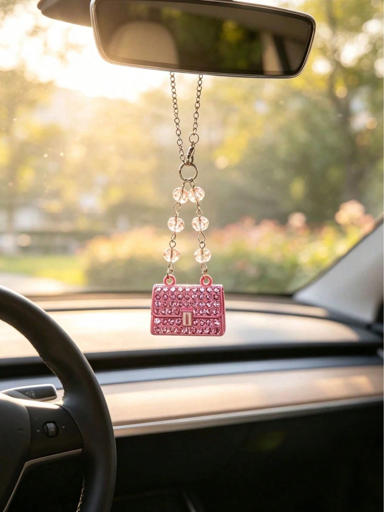 Full Rhinestone Mini Small Bag Car Rearview Mirror Pendant, Transparent Crystal Chain Luxury Sparkling Rhinestone Women's Car Interior Decoration Charm