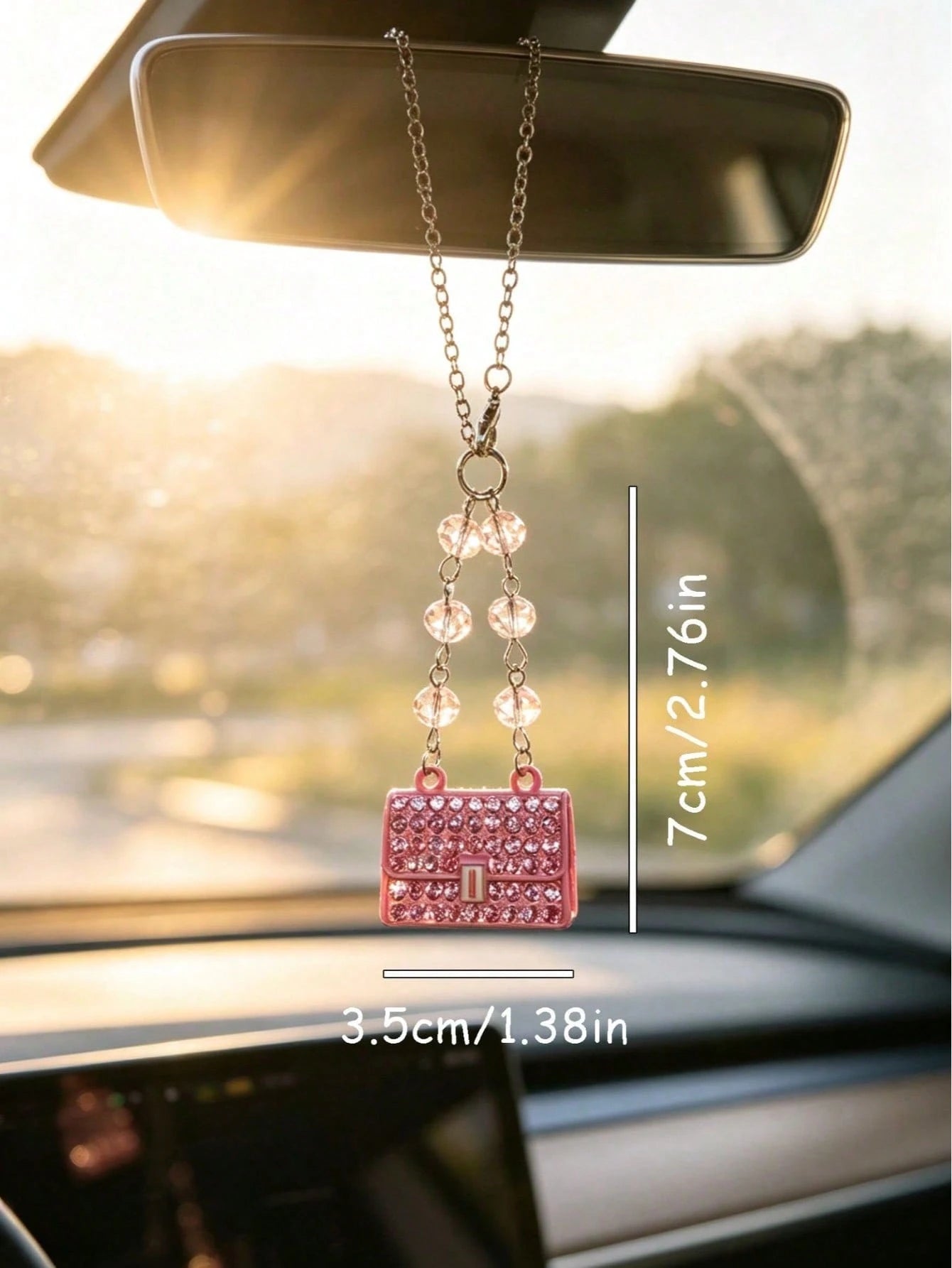 Full Rhinestone Mini Small Bag Car Rearview Mirror Pendant, Transparent Crystal Chain Luxury Sparkling Rhinestone Women's Car Interior Decoration Charm