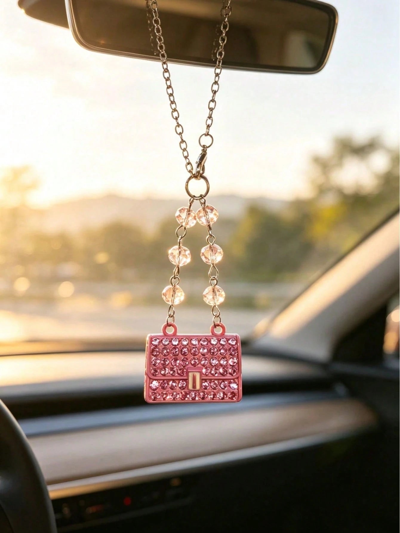 Full Rhinestone Mini Small Bag Car Rearview Mirror Pendant, Transparent Crystal Chain Luxury Sparkling Rhinestone Women's Car Interior Decoration Charm