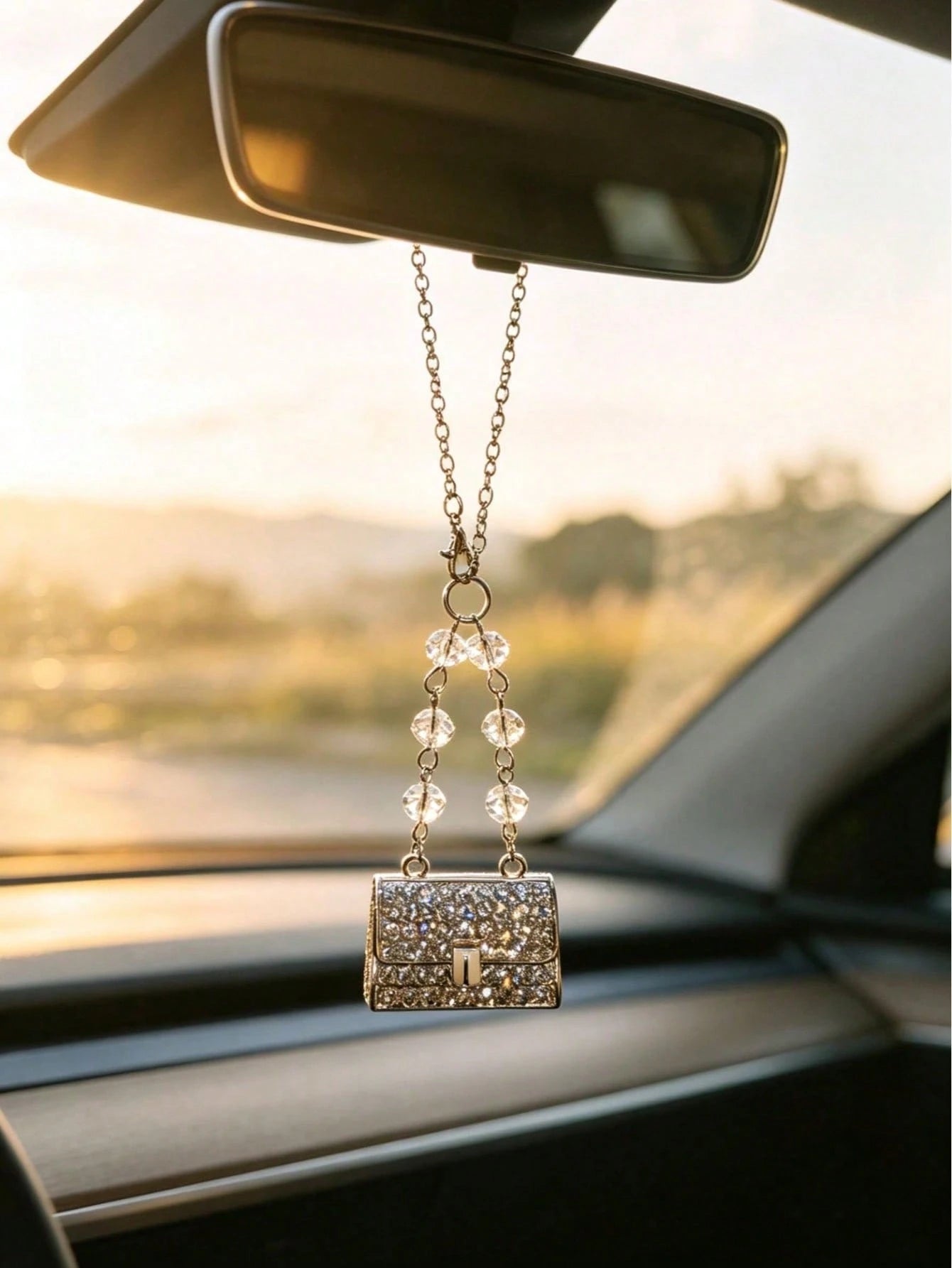 Full Rhinestone Mini Small Bag Car Rearview Mirror Pendant, Transparent Crystal Chain Luxury Sparkling Rhinestone Women's Car Interior Decoration Charm