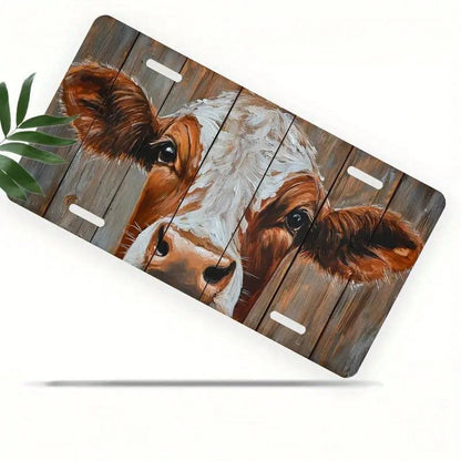 Fun Cow License Plate Frame, Brown And White Cow Face Design| Durable Metal Car License Plate Frame, With Rounded Corners And Precise Cutting, Suitable For US Standard Front License Plates- A Novelty