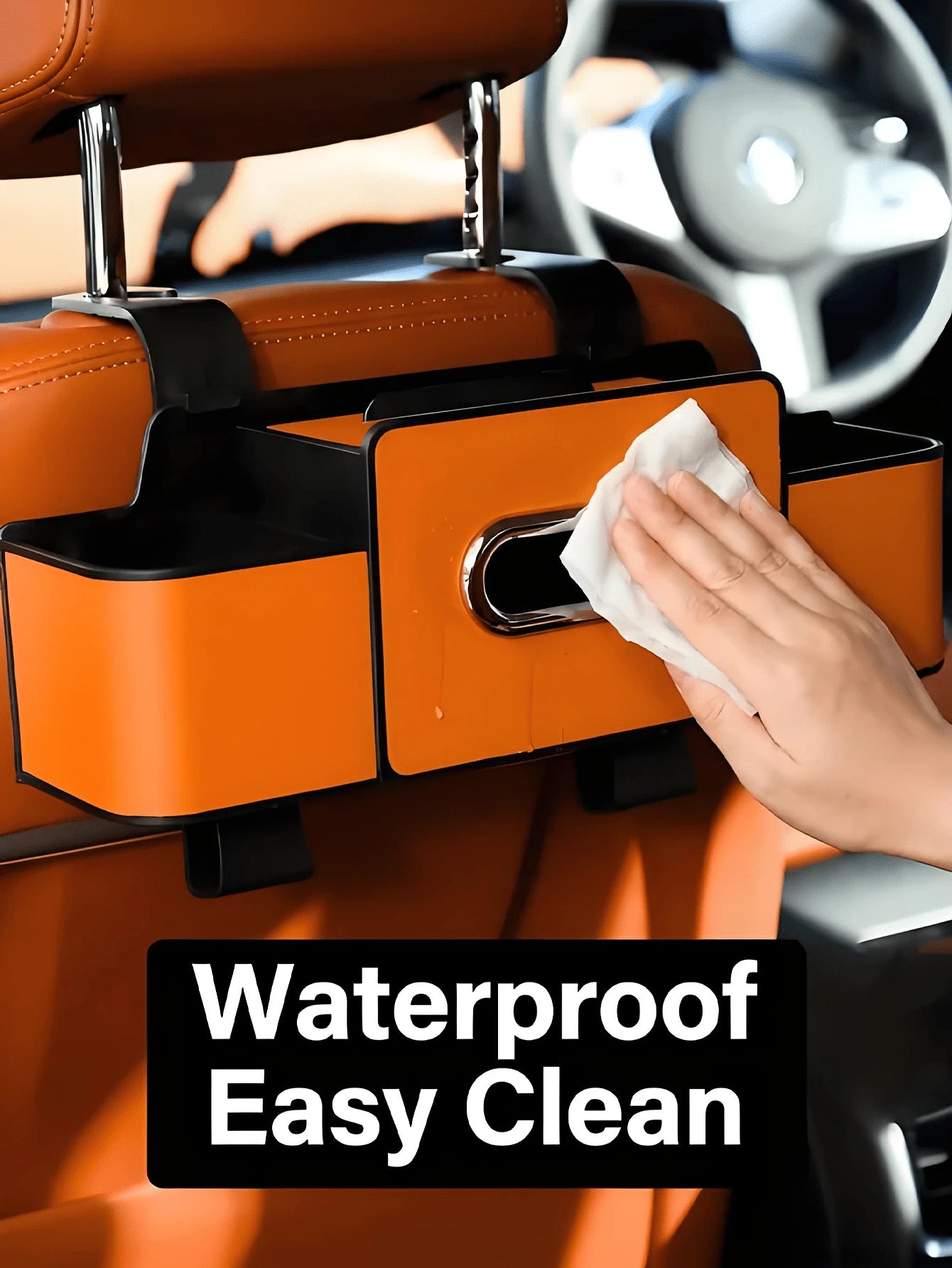Functional Car Seat Back Organizer With Large Capacity And Metal Trim Detail Wear-Resistant Tissue Box Holder Ideal For Taxi Drivers Sleek Compact Auto Storage Box To Hold Snacks And Wipes In Daily Tr