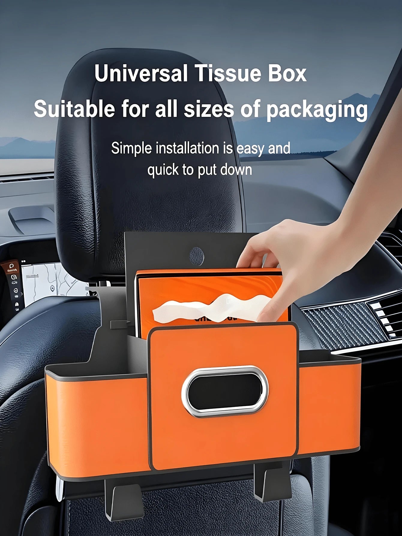 Functional Car Seat Back Organizer With Large Capacity And Metal Trim Detail Wear-Resistant Tissue Box Holder Ideal For Taxi Drivers Sleek Compact Auto Storage Box To Hold Snacks And Wipes In Daily Tr