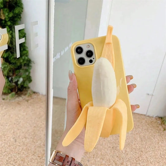 Funny 3D Stress Reliever Peeled Plush Banana Phone 17 16 15 14 11 12 13Pro X XS XR 8 6 Plus Silicone Cover,3D Banana Squishy Stress-Relief Phone Case, You Won't Be Able To Put It Down!