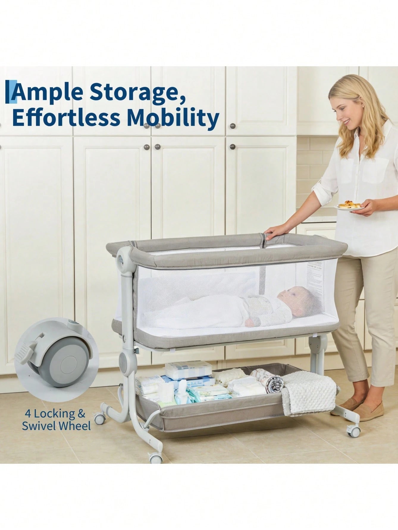 Gaderth Baby Bassinet Bedside Sleeper, 3-In-1 Portable Newborn Crib With 6-Height Adjustable For Night Feeding, Full-Mesh Sides, Cozy Mattress &Storage Basket