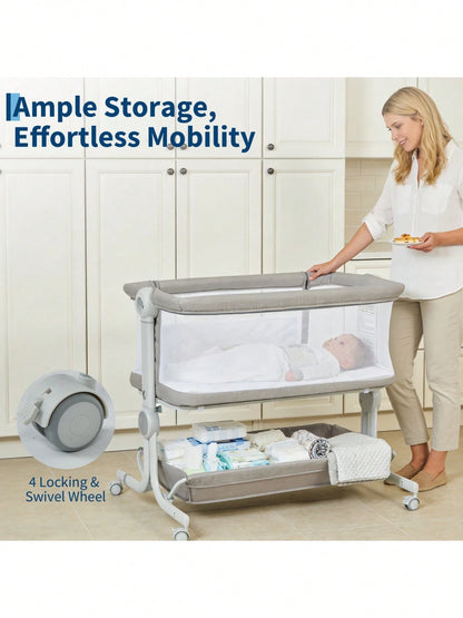 Gaderth Baby Bassinet Bedside Sleeper, 3-In-1 Portable Newborn Crib With 6-Height Adjustable For Night Feeding, Full-Mesh Sides, Cozy Mattress &Storage Basket