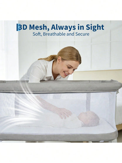 Gaderth Baby Bassinet Bedside Sleeper, 3-In-1 Portable Newborn Crib With 6-Height Adjustable For Night Feeding, Full-Mesh Sides, Cozy Mattress &Storage Basket
