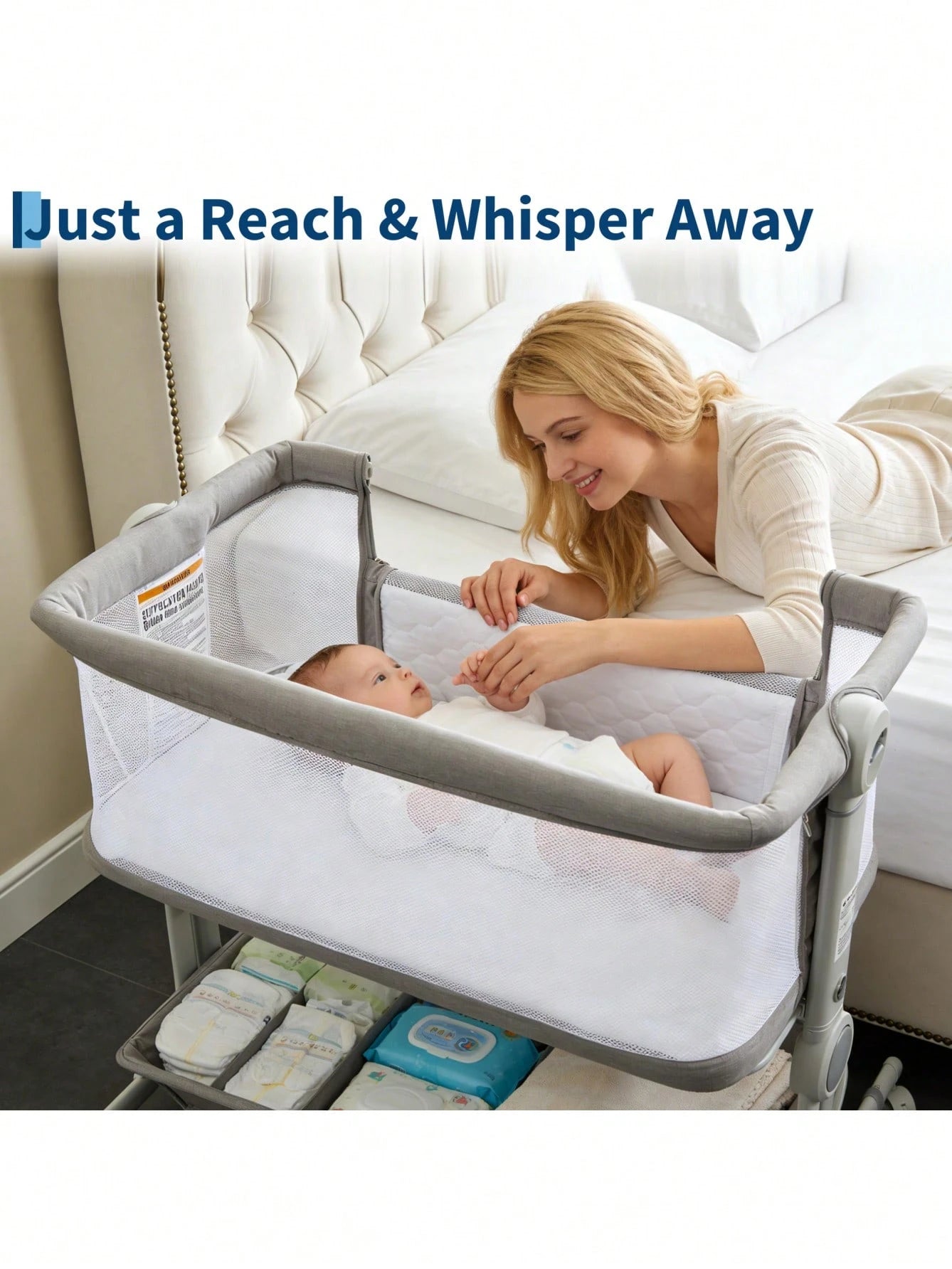 Gaderth Baby Bassinet Bedside Sleeper, 3-In-1 Portable Newborn Crib With 6-Height Adjustable For Night Feeding, Full-Mesh Sides, Cozy Mattress &Storage Basket