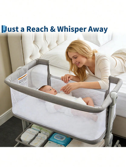 Gaderth Baby Bassinet Bedside Sleeper, 3-In-1 Portable Newborn Crib With 6-Height Adjustable For Night Feeding, Full-Mesh Sides, Cozy Mattress &Storage Basket