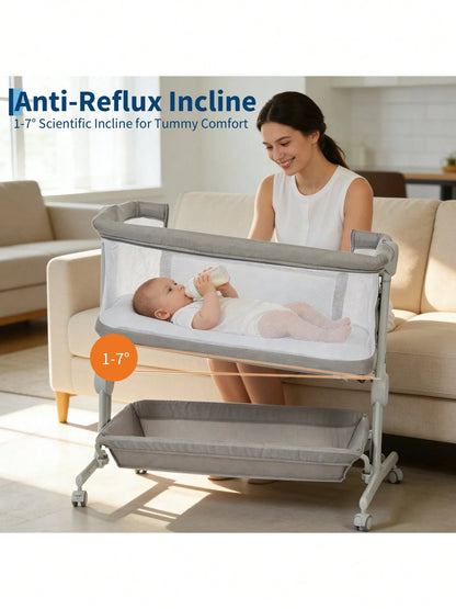 Gaderth Baby Bassinet Bedside Sleeper, 3-In-1 Portable Newborn Crib With 6-Height Adjustable For Night Feeding, Full-Mesh Sides, Cozy Mattress &Storage Basket