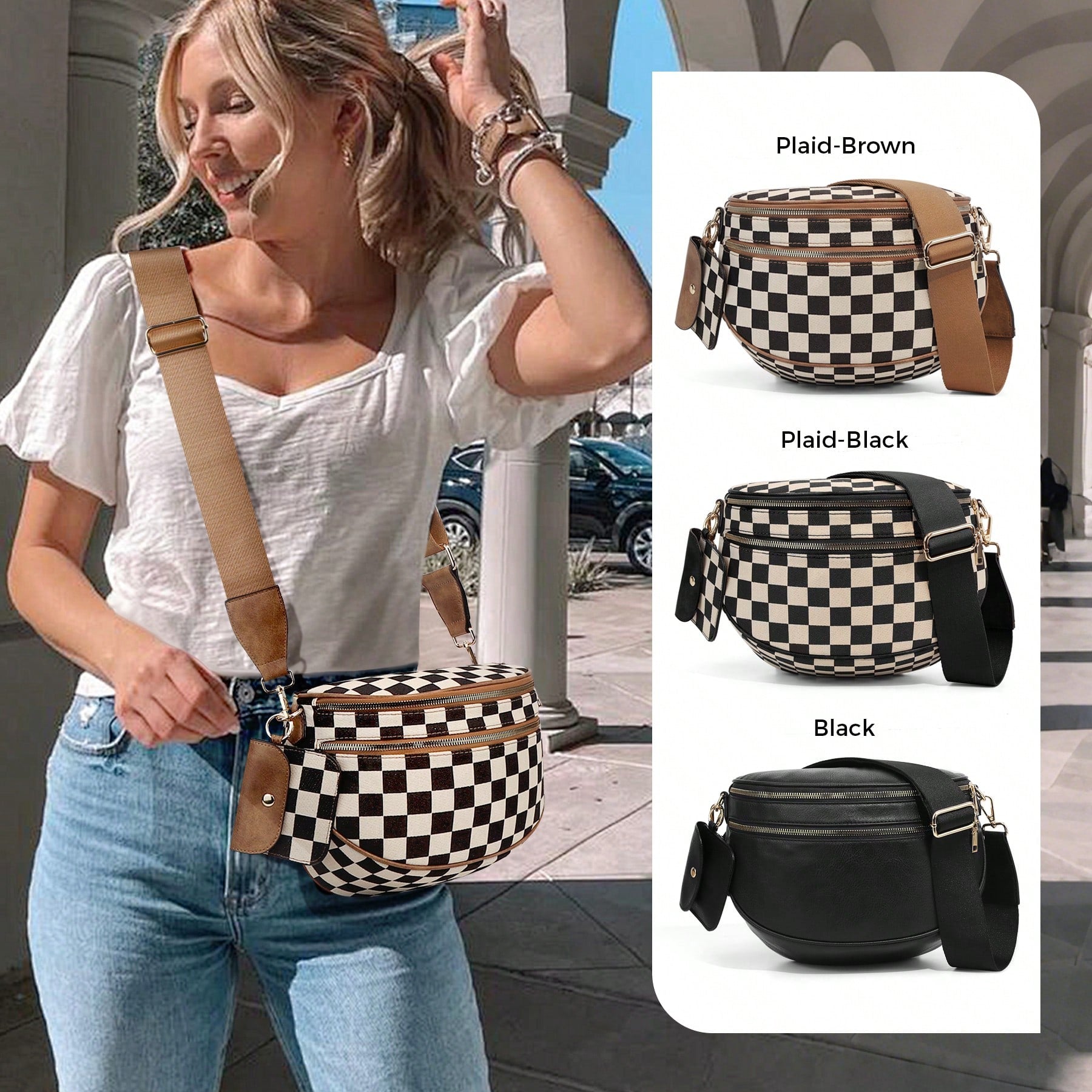 GAINSNS Ladies' Saddle Bag Checked Pattern Crossbody Bag For Women Girls Sling Bag With Adjustable Strap, Lightweight Single Shoulder Women's Bag