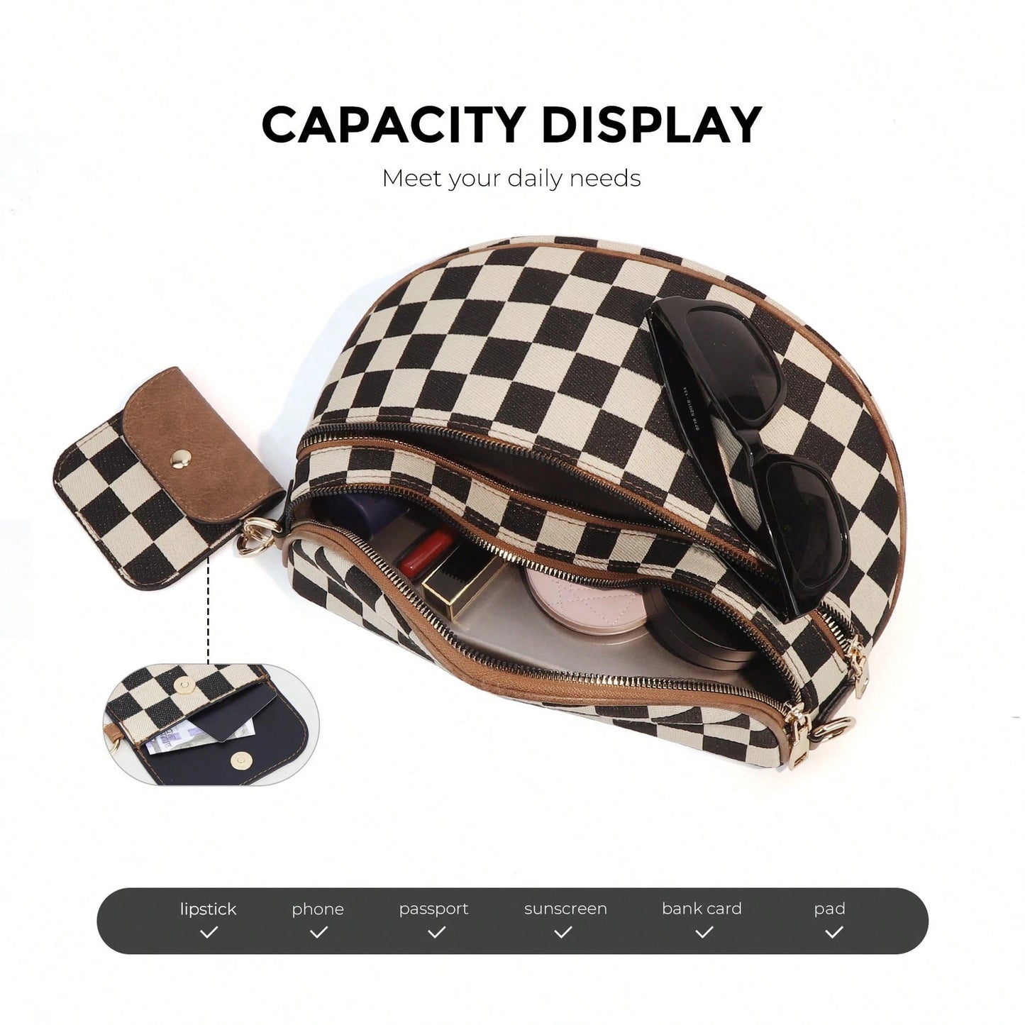 GAINSNS Ladies' Saddle Bag Checked Pattern Crossbody Bag For Women Girls Sling Bag With Adjustable Strap, Lightweight Single Shoulder Women's Bag