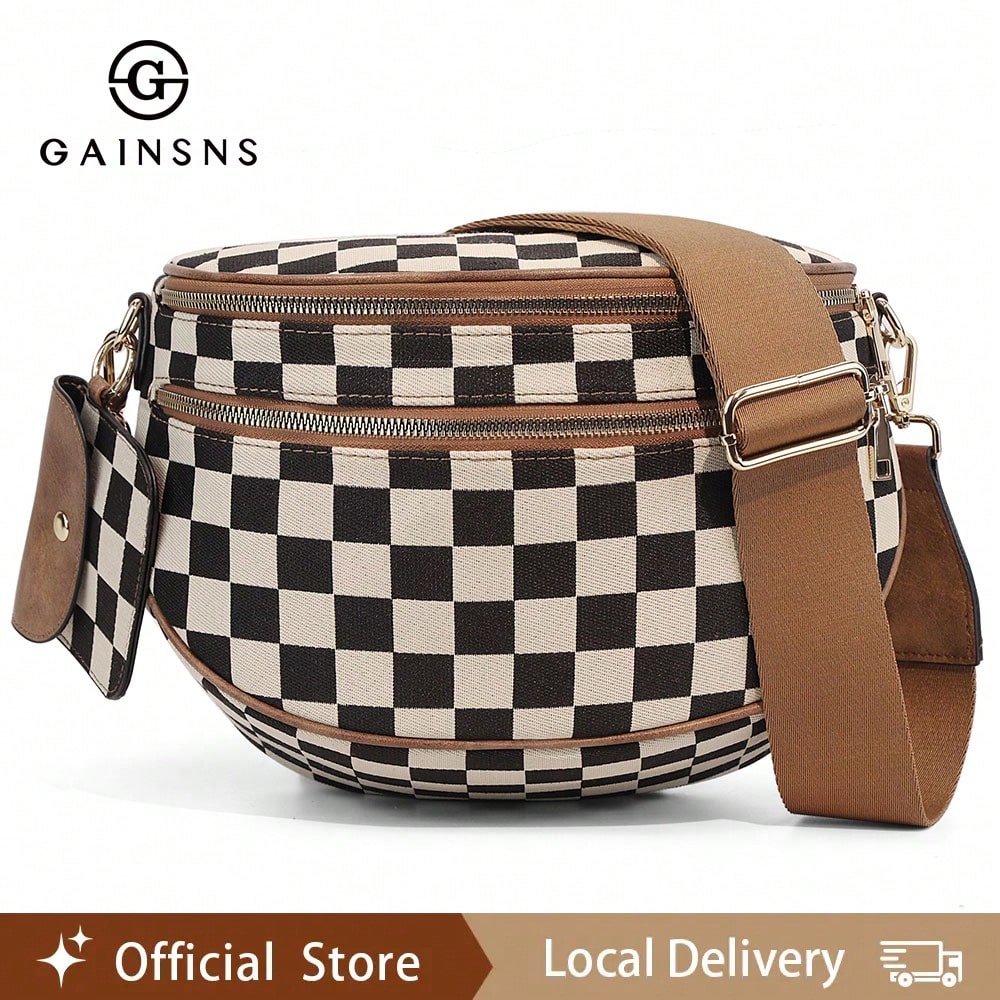 GAINSNS Ladies' Saddle Bag Checked Pattern Crossbody Bag For Women Girls Sling Bag With Adjustable Strap, Lightweight Single Shoulder Women's Bag