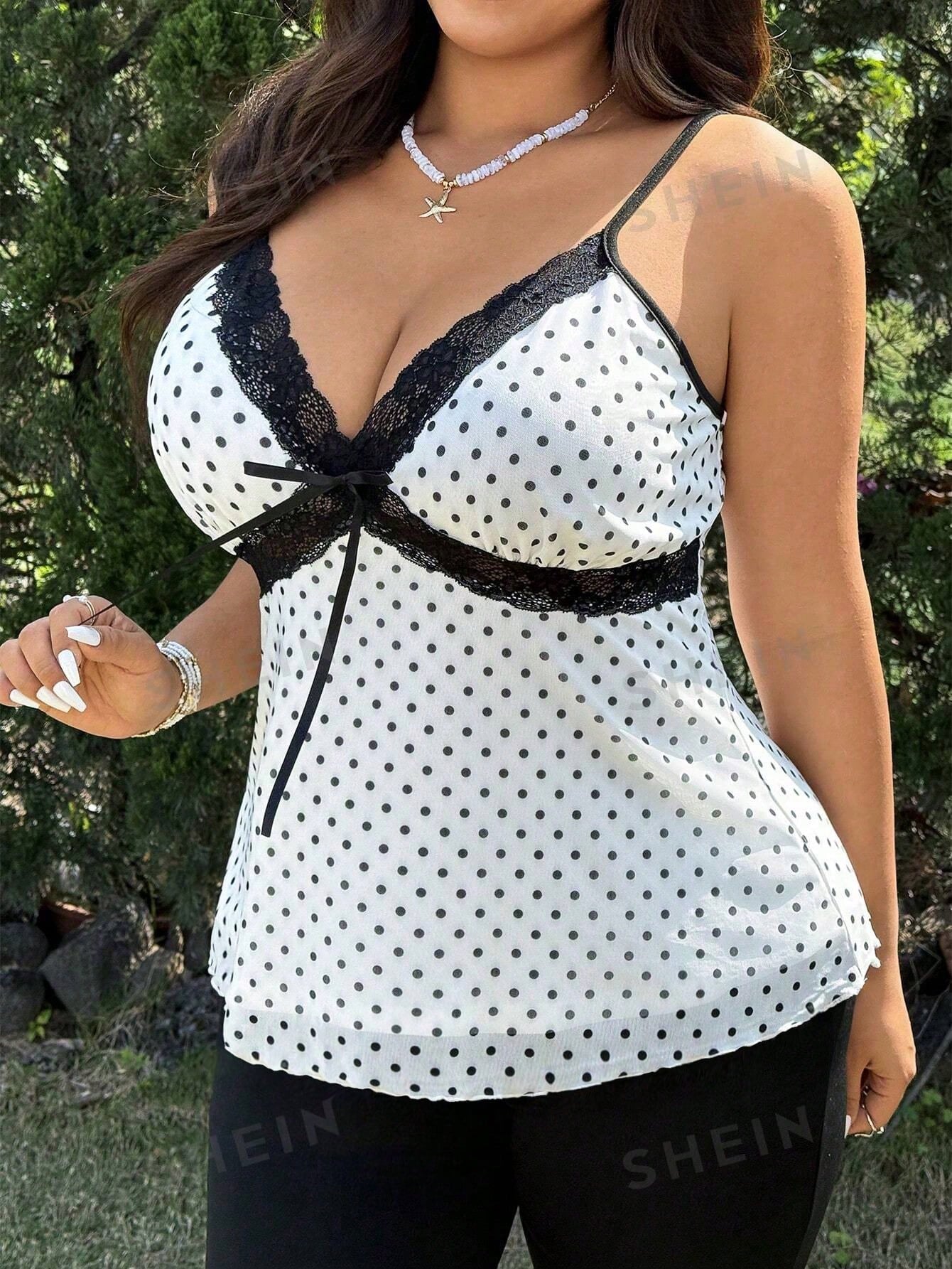 GalTyme Plus Size Women's Contrast Lace Polka Dot Print Bow Decor Camisole Tank Top