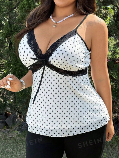 GalTyme Plus Size Women's Contrast Lace Polka Dot Print Bow Decor Camisole Tank Top