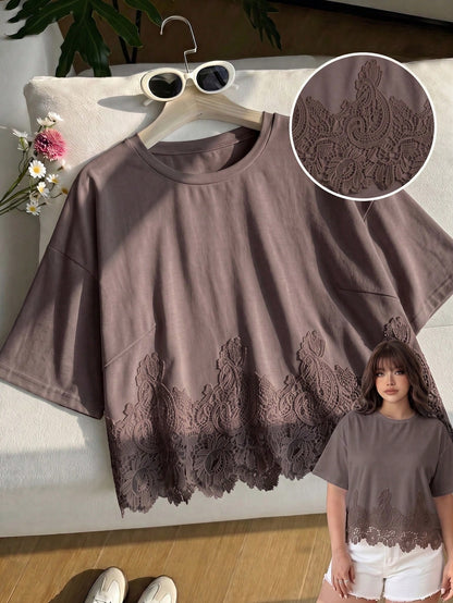 GalTyme Plus Size Women's Solid Color Contrast Lace Short Sleeve Round Neck Versatile Fashion T-Shirt Holiday Brown Summer Casual