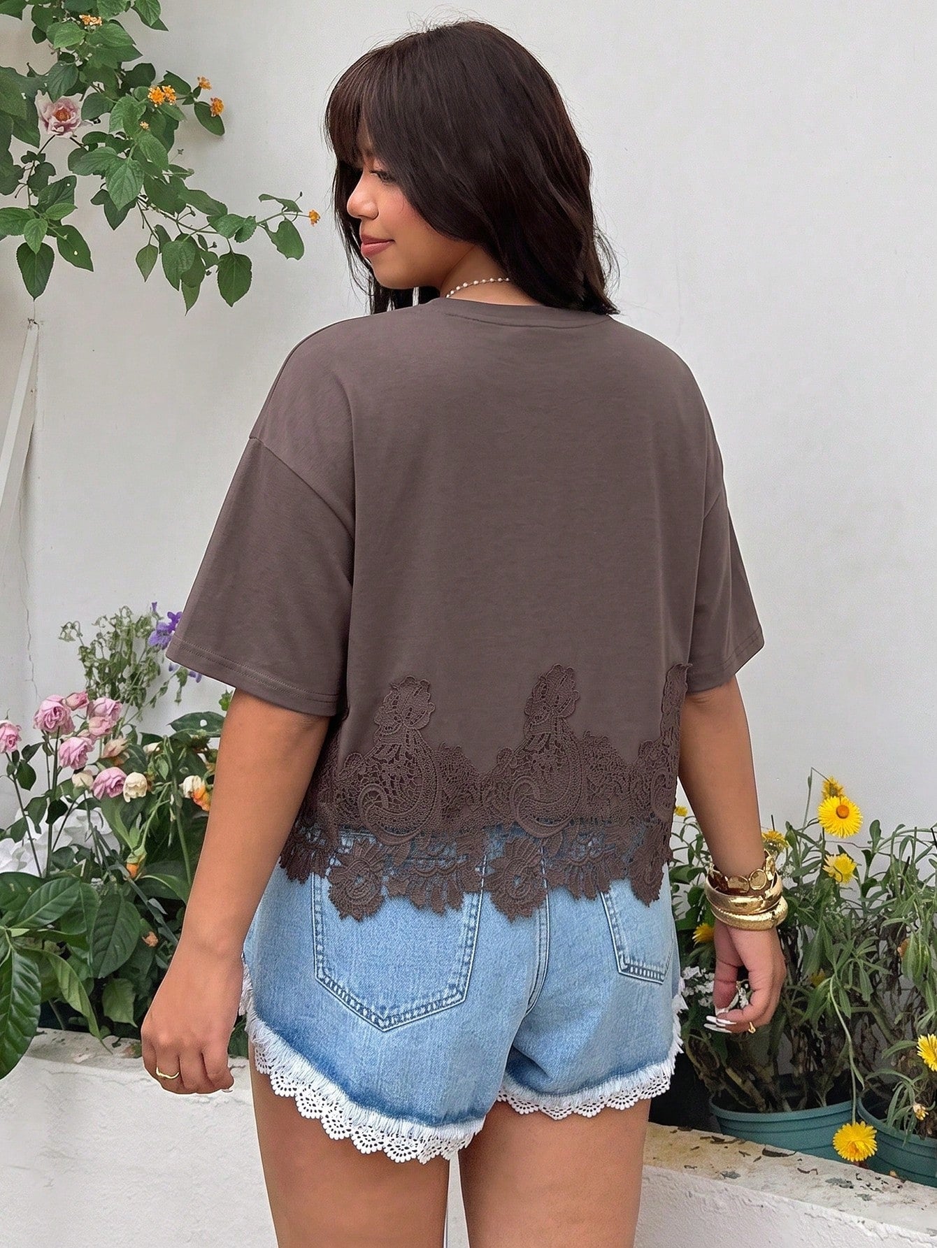 GalTyme Plus Size Women's Solid Color Contrast Lace Short Sleeve Round Neck Versatile Fashion T-Shirt Holiday Brown Summer Casual