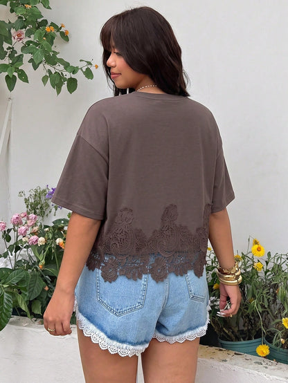 GalTyme Plus Size Women's Solid Color Contrast Lace Short Sleeve Round Neck Versatile Fashion T-Shirt Holiday Brown Summer Casual
