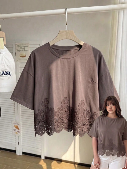 GalTyme Plus Size Women's Solid Color Contrast Lace Short Sleeve Round Neck Versatile Fashion T-Shirt Holiday Brown Summer Casual