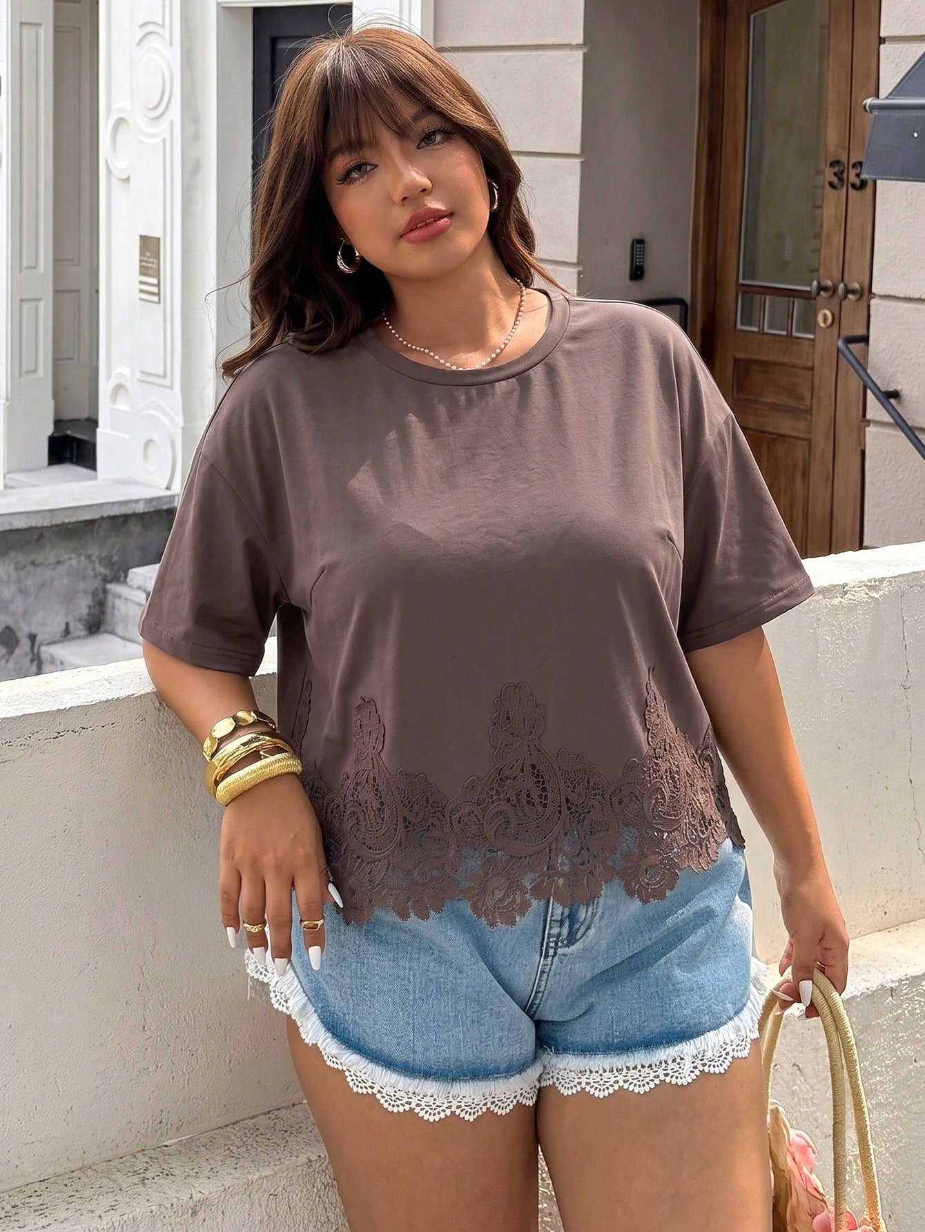 GalTyme Plus Size Women's Solid Color Contrast Lace Short Sleeve Round Neck Versatile Fashion T-Shirt Holiday Brown Summer Casual