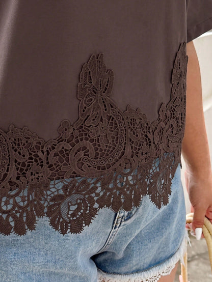 GalTyme Plus Size Women's Solid Color Contrast Lace Short Sleeve Round Neck Versatile Fashion T-Shirt Holiday Brown Summer Casual