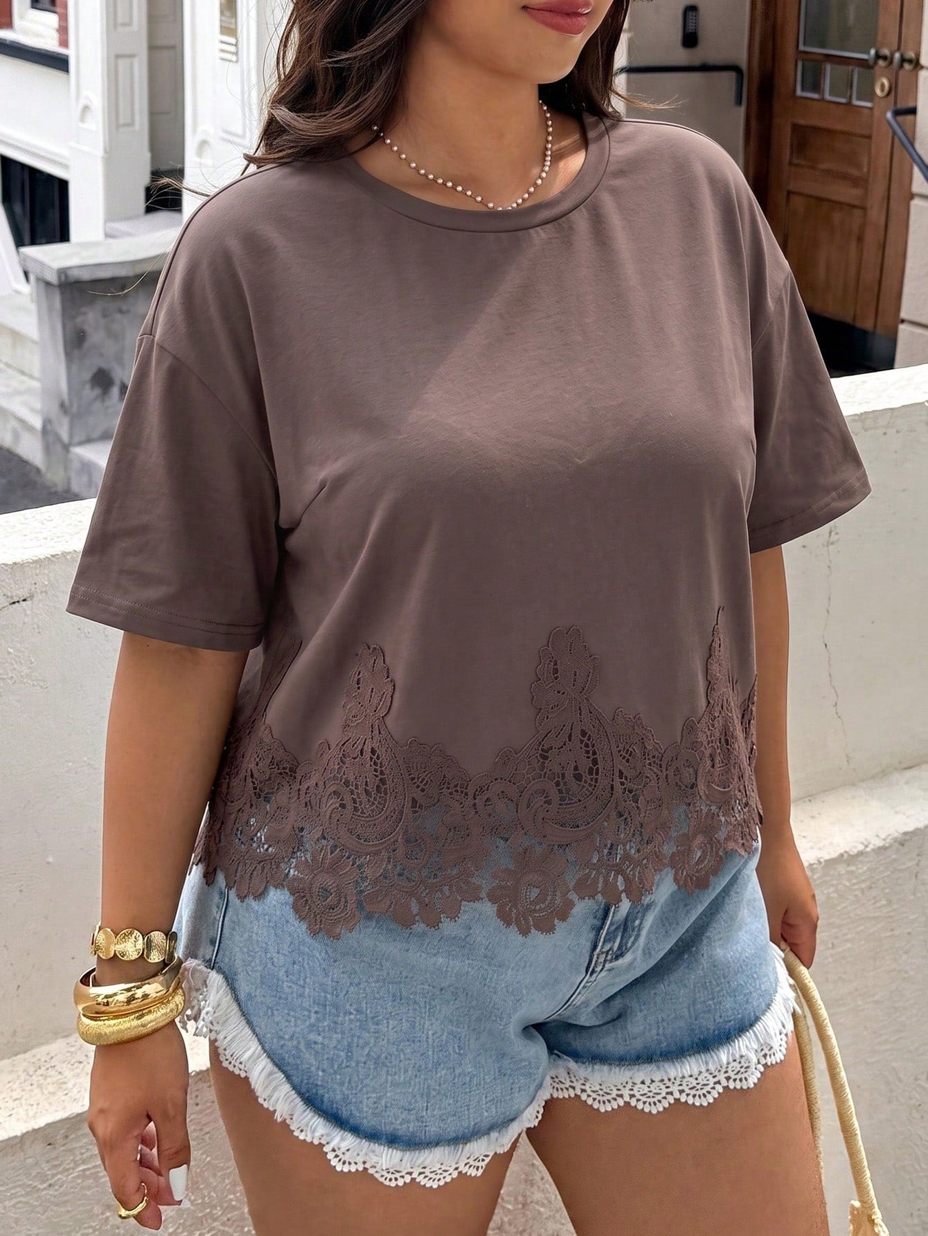 GalTyme Plus Size Women's Solid Color Contrast Lace Short Sleeve Round Neck Versatile Fashion T-Shirt Holiday Brown Summer Casual