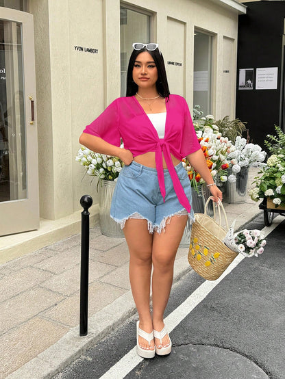 GalTyme Plus Size Women Solid Color Knotted Casual Versatile Daily Wear Top