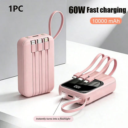 GAWFOLK Pink 10000mAh Magnetic Wireless Power Bank With 3 Built-In Fast Cables & LCD Display| 22.5W Portable Charger For IPhones 16/15/14/13 & Android| Stylish Pink Color With Carrying Strap, Perfec