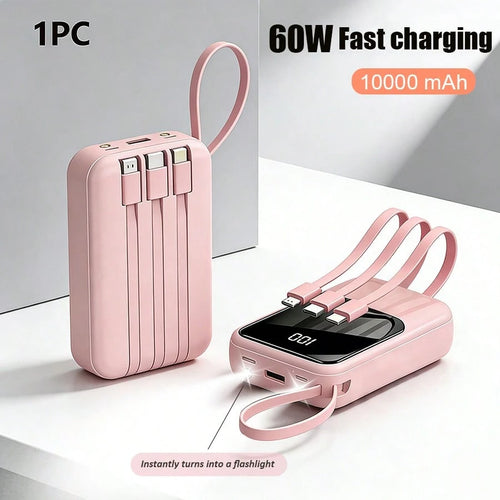 GAWFOLK Pink 10000mAh Magnetic Wireless Power Bank With 3 Built-In Fast Cables & LCD Display| 22.5W Portable Charger For IPhones 16/15/14/13 & Android| Stylish Pink Color With Carrying Strap, Perfec