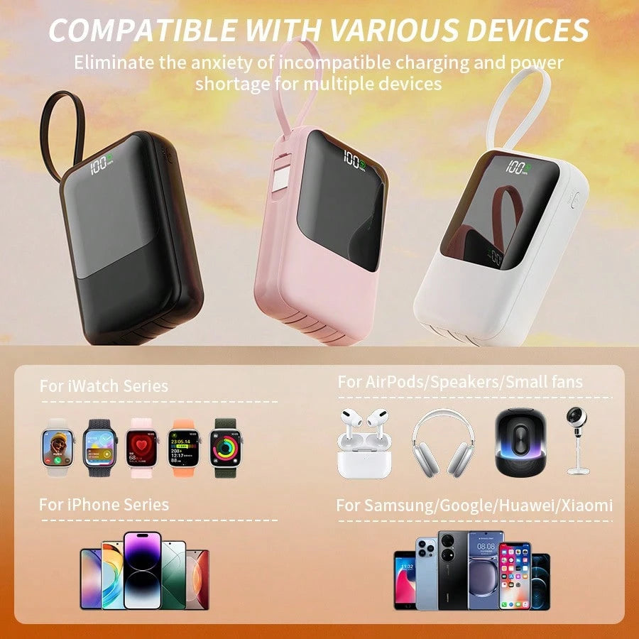 GAWFOLK Pink 10000mAh Magnetic Wireless Power Bank With 3 Built-In Fast Cables & LCD Display| 22.5W Portable Charger For IPhones 16/15/14/13 & Android| Stylish Pink Color With Carrying Strap, Perfec