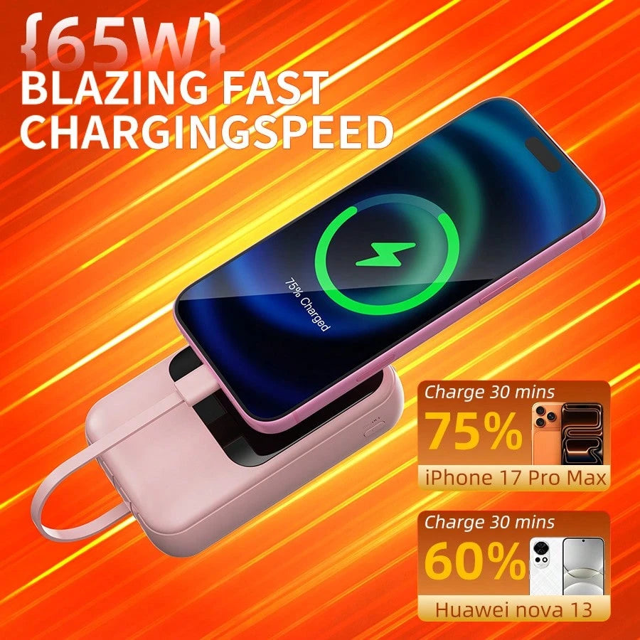 GAWFOLK Pink 10000mAh Magnetic Wireless Power Bank With 3 Built-In Fast Cables & LCD Display| 22.5W Portable Charger For IPhones 16/15/14/13 & Android| Stylish Pink Color With Carrying Strap, Perfec