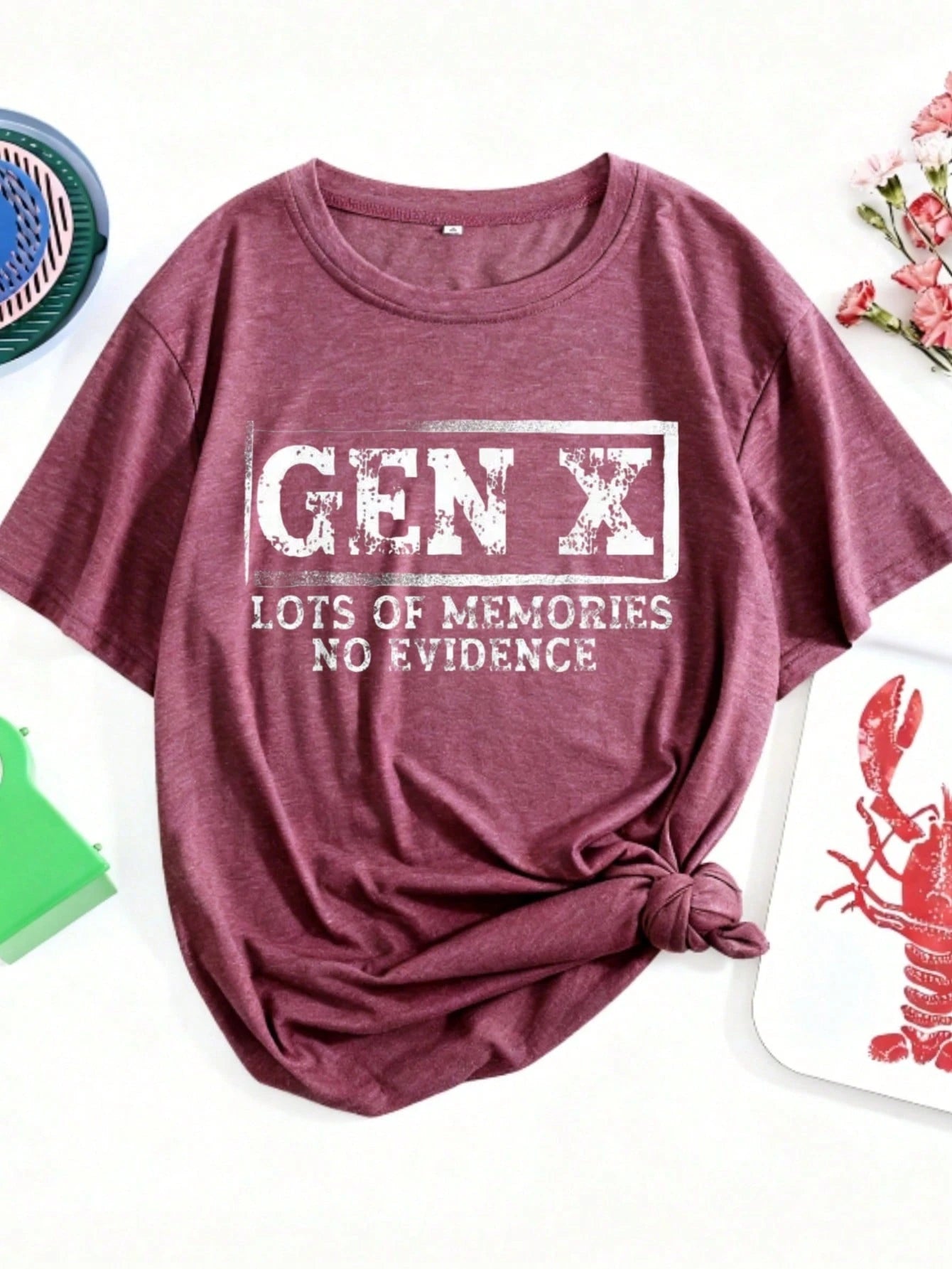 Gen X Lots Of Memories No Evidence Print Women's Colored Cotton T-Shirt Understated Luxury Casual Tee Y2K Style With Digital Print