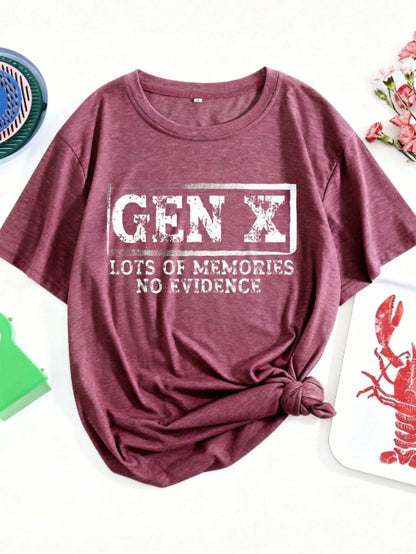 Gen X Lots Of Memories No Evidence Print Women's Colored Cotton T-Shirt Understated Luxury Casual Tee Y2K Style With Digital Print